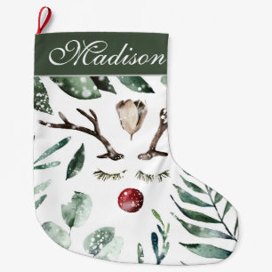 Winter Greenery Christmas Reindeer Monogram Large Christmas Stocking