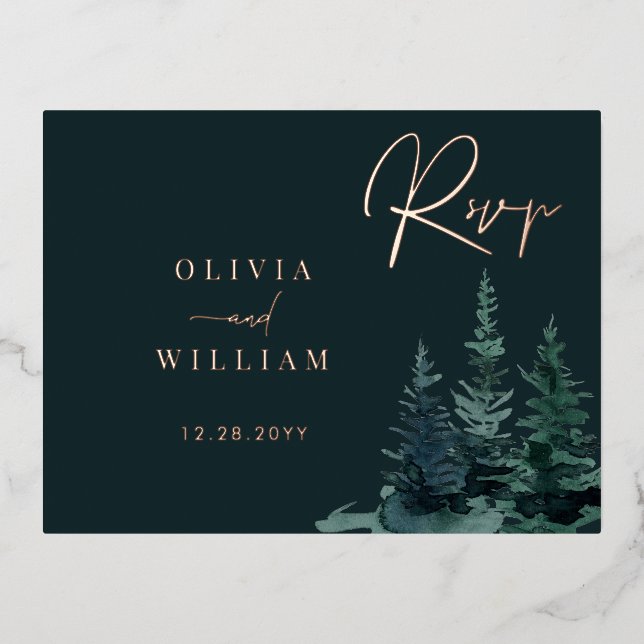 Winter Greenery Christmas Trees Holiday Green RSVP Foil Invitation Postcard (Front)