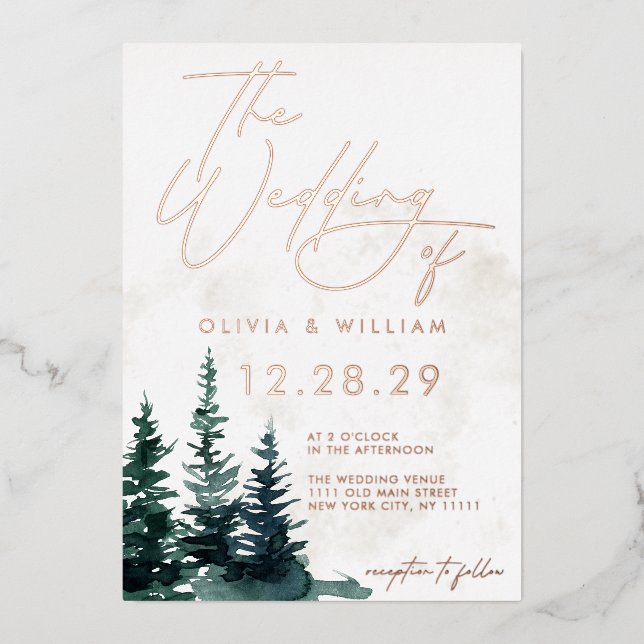 Winter Greenery Christmas Trees Holiday Wedding Foil Invitation (Front)