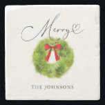 Winter Greenery Christmas Wreath Merry Stone Coaster<br><div class="desc">Rustic Christmas theme coaster featuring watercolor illustration of green pine tree leaves wreath with a red bow. The script text says "merry" with a heart.</div>