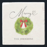 Winter Greenery Christmas Wreath Merry Stone Coaster<br><div class="desc">Rustic Christmas theme coaster featuring watercolor illustration of green pine tree leaves wreath with a red bow. The script text says "merry" with a heart.</div>