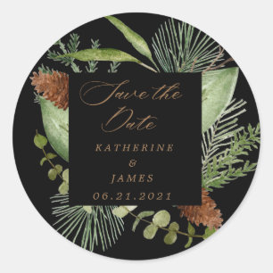 winter greenery elegant save the date classic round sticker
