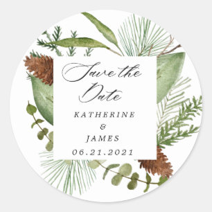 winter greenery elegant save the date classic round sticker