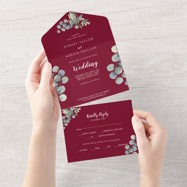 Winter Greenery Eucalyptus Burgundy Wedding All In One Invitation (Tearaway)