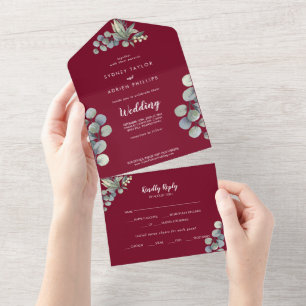 Winter Greenery Eucalyptus Burgundy Wedding All In One Invitation