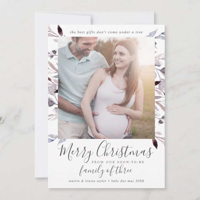 Winter Greenery Family of Three Pregnancy Photo Holiday Card