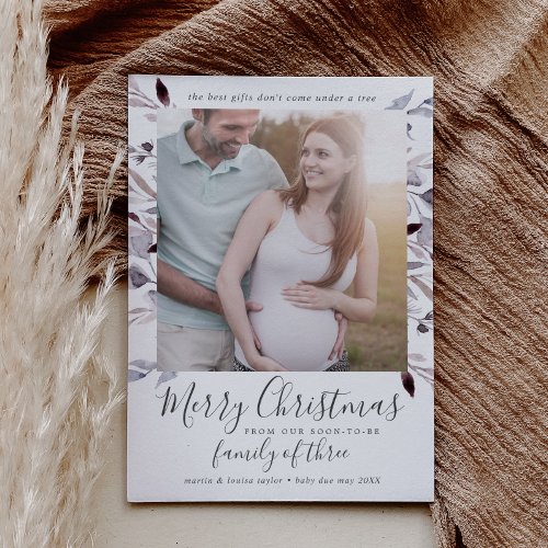 Winter Greenery Family of Three Pregnancy Photo Holiday Card