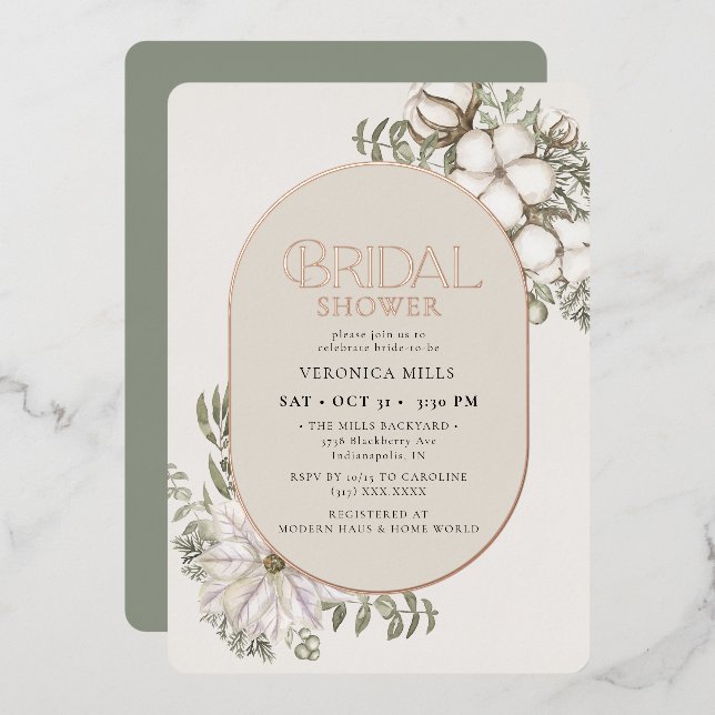Winter Greenery Floral Green Oval Bridal Shower Foil Invitation (Front/Back)