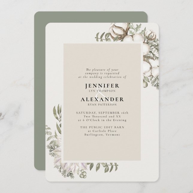 Winter Greenery Floral Green RSVP QR Code Wedding Invitation (Front/Back)