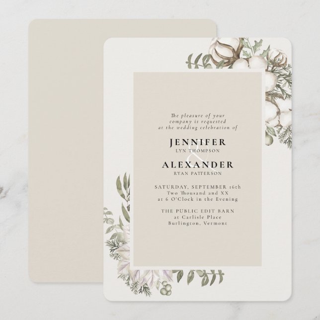 Winter Greenery Floral Ivory Cream Wedding  Invitation (Front/Back)