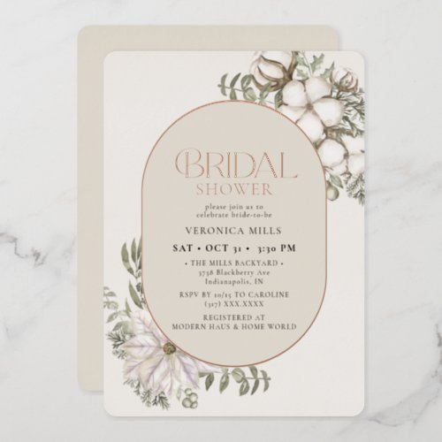Winter Greenery Floral Oval Bridal Shower  Foil Invitation