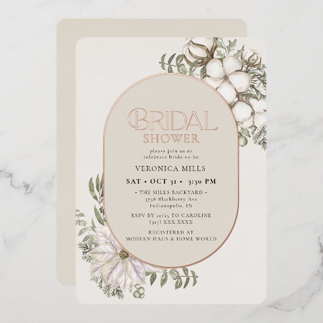 Winter Greenery Floral Oval Bridal Shower  Foil Invitation (Front/Back)