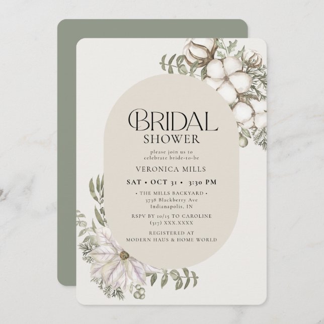 Winter Greenery Floral Oval Bridal Shower Invitation (Front/Back)