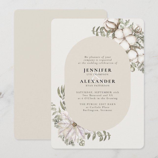 Winter Greenery Floral Oval Cream Ivory Wedding Invitation (Front/Back)