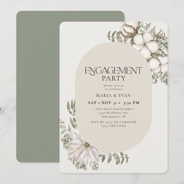Winter Greenery Floral Oval Engagement Party Invitation (Front/Back)