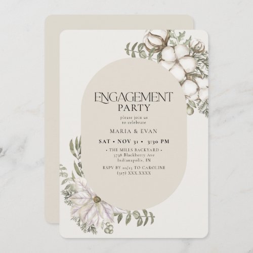 Winter Greenery Floral Oval Ivory Engagement Party Invitation