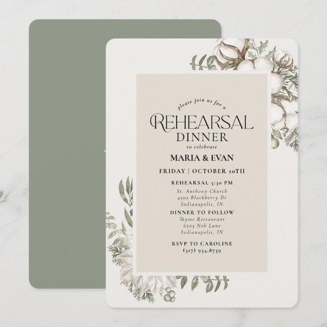 Winter Greenery Floral Oval Rehearsal Dinner Invitation (Front/Back)