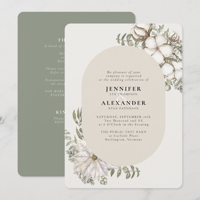Winter Greenery Floral Oval  RSVP QR Code Wedding  Invitation (Front/Back)