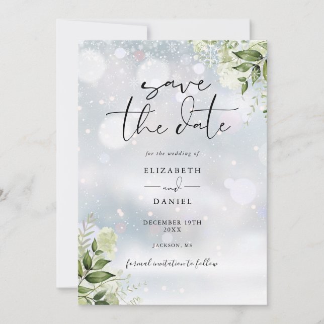 Winter Greenery Floral QR Code Wedding Save The Date (Front)