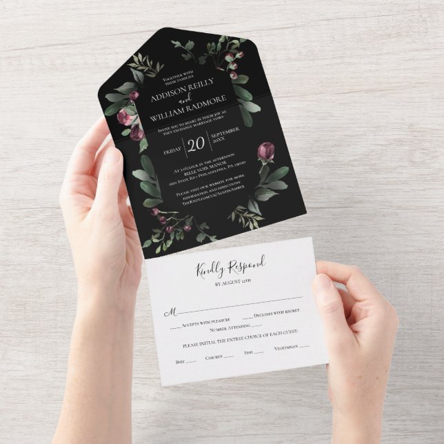 Winter Greenery Florals Black All In One Invitation (Tearaway)