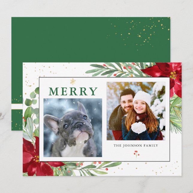 🎄 Winter Greenery + Gold  2-Photo Christmas Card (Front/Back)