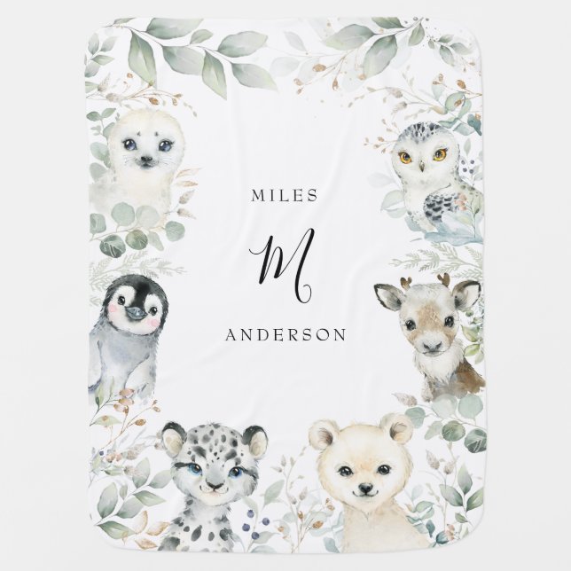 Winter Greenery Gold Arctic Animals Monogram Baby Blanket (Front)
