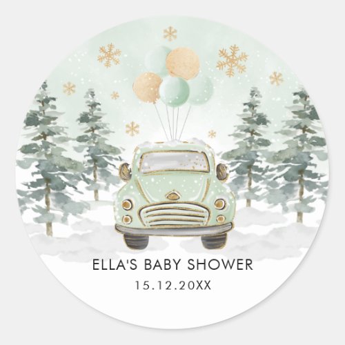 Winter Greenery Gold Drive By Baby Shower Parade Classic Round Sticker