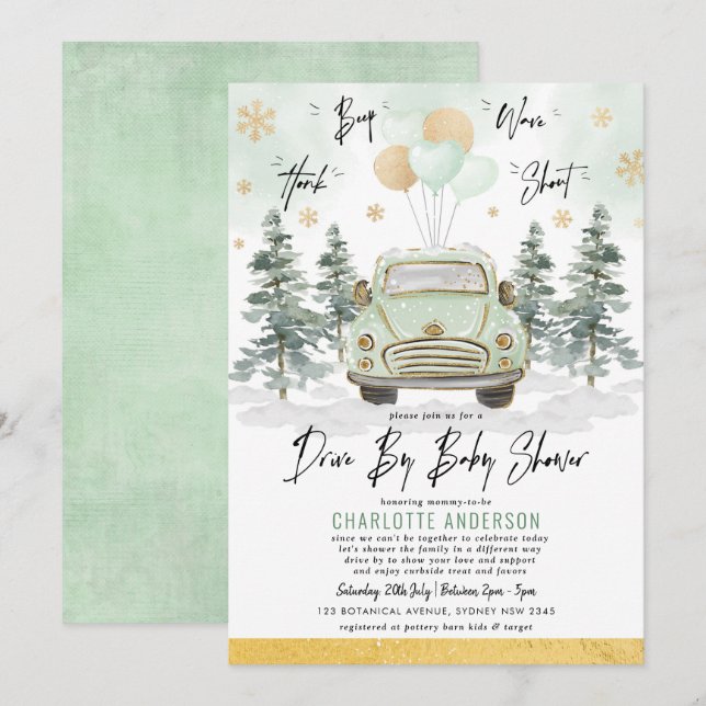 Winter Greenery Gold Drive By Baby Shower Parade Invitation (Front/Back)
