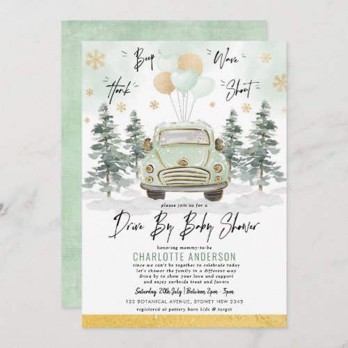 Winter Greenery Gold Drive By Baby Shower Parade Invitation