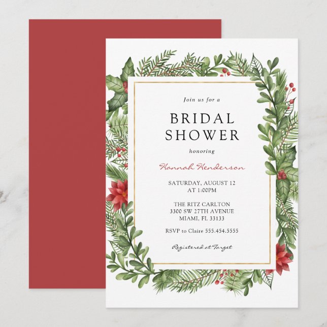 Winter Greenery Gold Frame Bridal Shower Invitation (Front/Back)