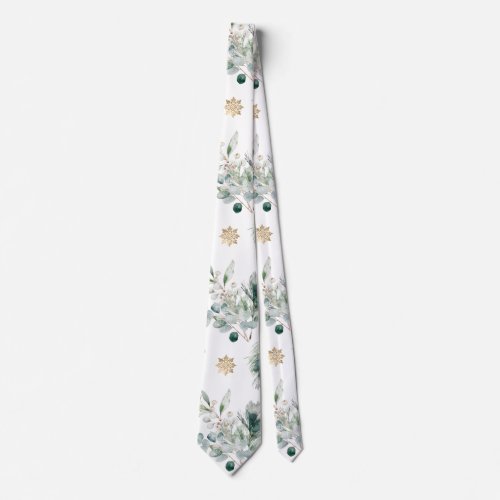 Winter Greenery Gold Snowflakes Christmas Neck Tie