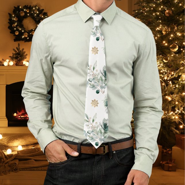 Winter Greenery Gold Snowflakes Christmas Neck Tie (Custom Christmas necktie with winter greenery, pine branches, berries and gold snowflakes.)