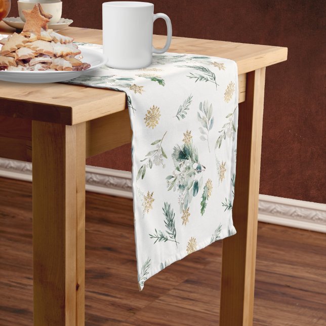 Winter Greenery Gold Snowflakes Elegant Christmas Short Table Runner (Simple winter greenery Christmas table runner with pine branches, berries & gold snowflakes)