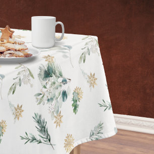Winter Greenery Gold Snowflakes Elegant Christmas Tablecloth