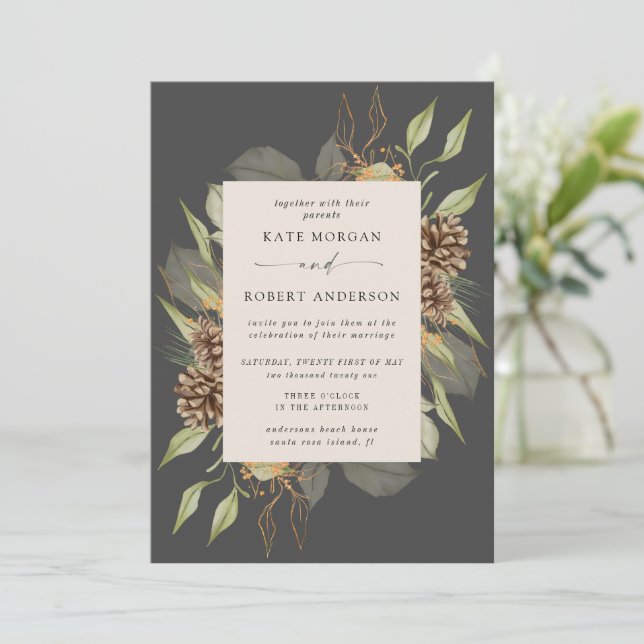 Winter Greenery Golden Elegant Wedding Invite (Standing Front)