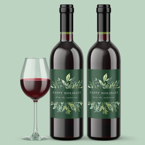 Winter Greenery Happy Holidays Wine Label