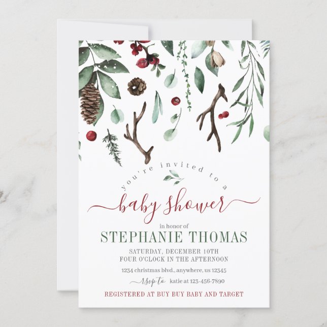 Winter Greenery Holiday Baby Shower Invitation (Front)