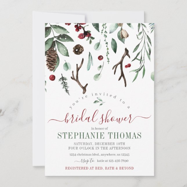 Winter Greenery Holiday Bridal Shower Invitation (Front)