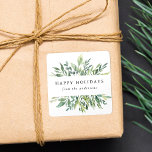 Winter Greenery | Holiday Square Sticker<br><div class="desc">Our elegant Winter Greenery holiday stickers feature the greeting "Happy Holidays" and your name framed by green watercolor foliage.</div>