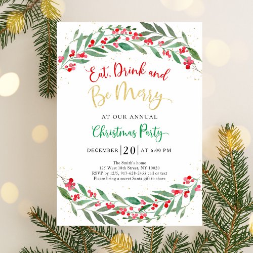 Winter Greenery Holly Christmas Party Invitation