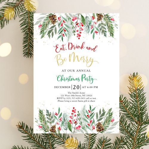 Winter Greenery Holly Christmas Party Invitation