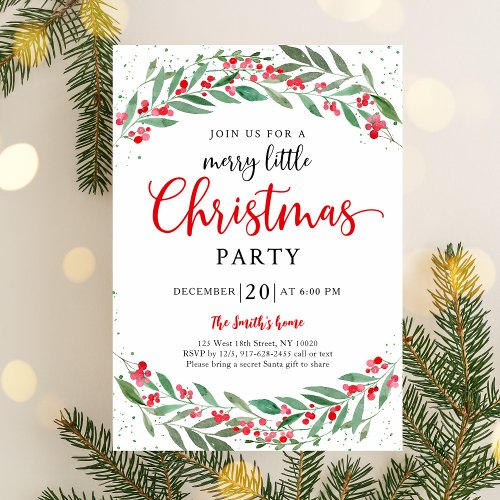 Winter Greenery Holly Merry Little Christmas Party Invitation