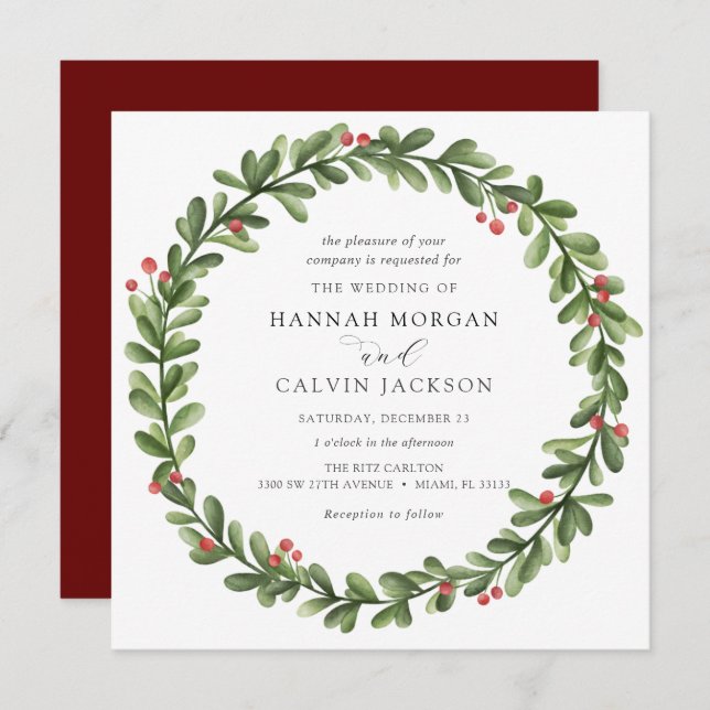 Winter Greenery Holly Wedding Invitation (Front/Back)
