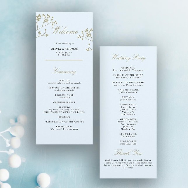 Winter Greenery Ice Blue Gold Elegant Wedding Day Program (winter greenery wedding program elegant modern classic ice blue gold berries minimalist traditional)