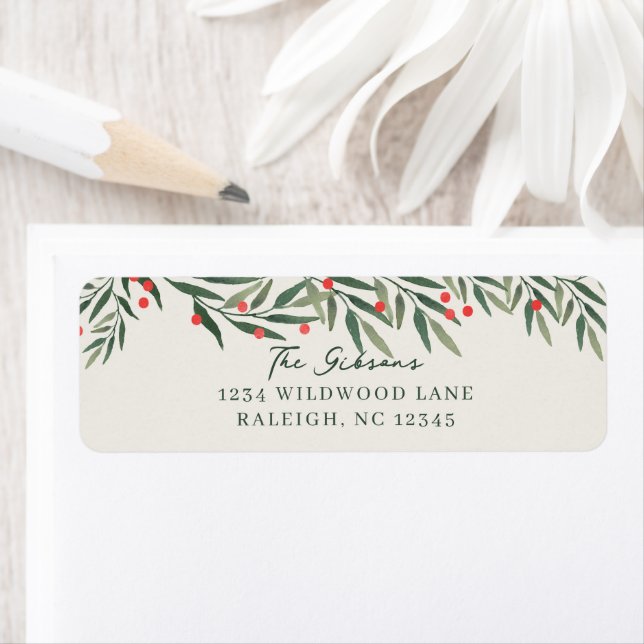 Winter Greenery Ivory Christmas Return Address Label (Insitu)