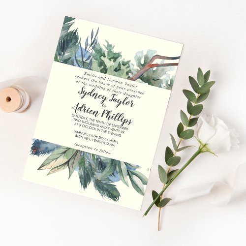Winter Greenery  Ivory Formal Wedding Invitation