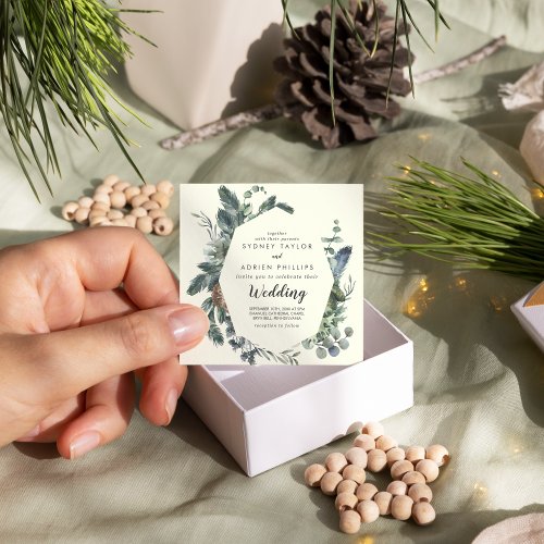 Winter Greenery  Ivory Front and Back Wedding  Invitation