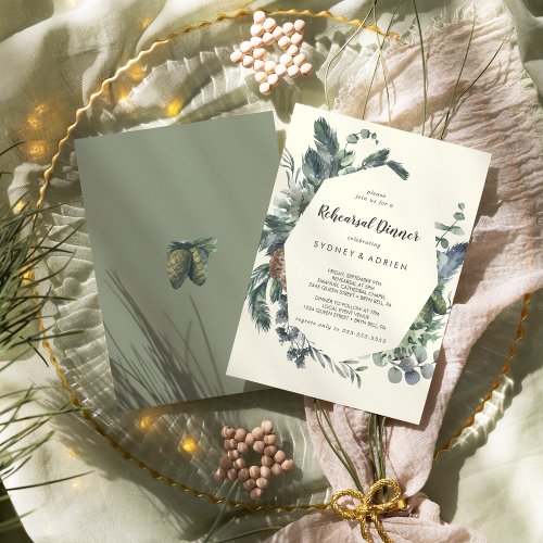 Winter Greenery  Ivory Rehearsal Dinner Invitation