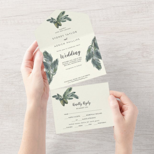 Winter Greenery | Ivory Wedding All In One Invitation (Tearaway)