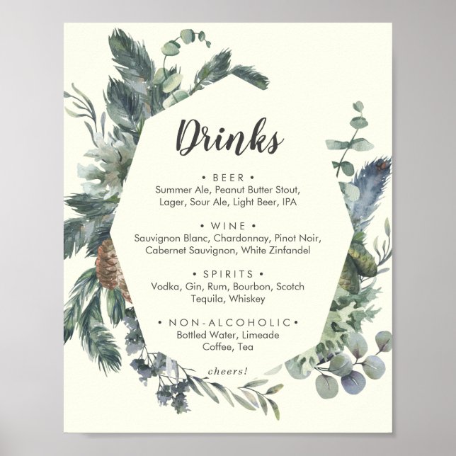 Winter Greenery | Ivory Wedding Drinks Menu Sign (Front)